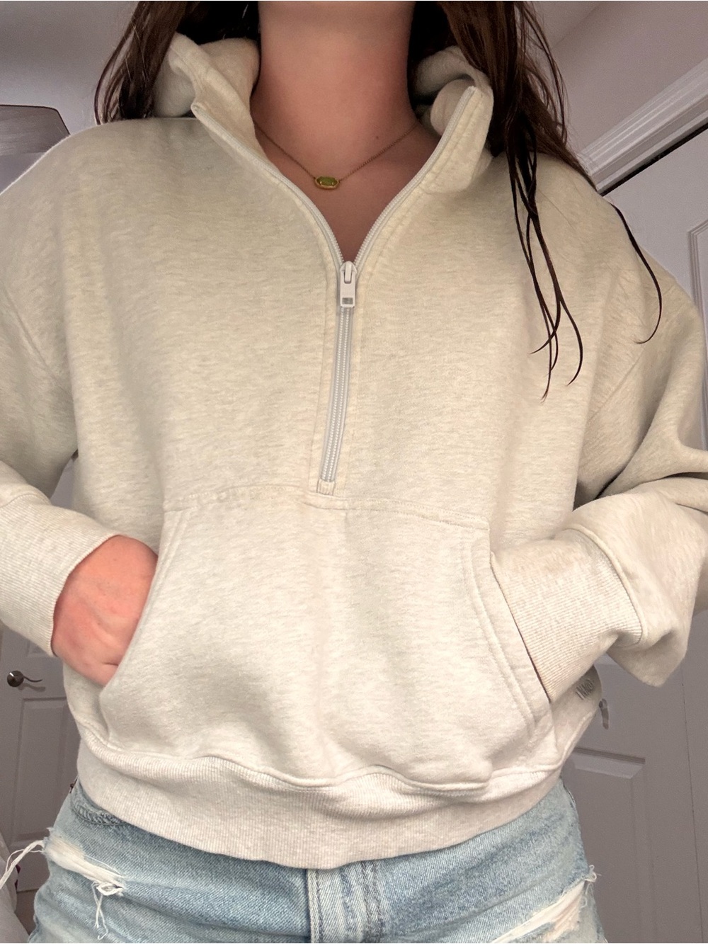 TNA Light Gray Quarter-Zip Hooded Sweatshirt